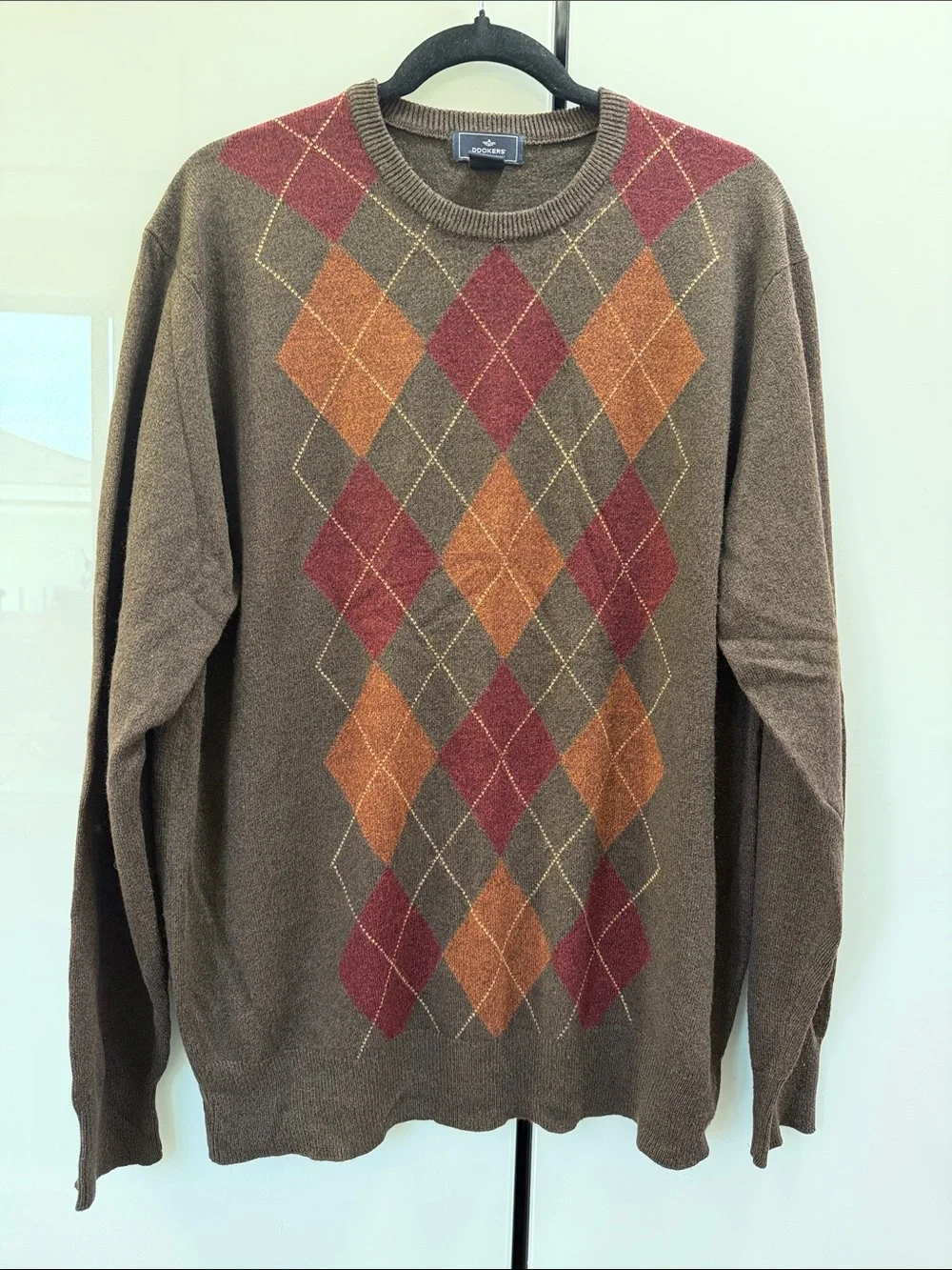 Dockers Brown Crewneck Sweater with Rust and Gold Argyle